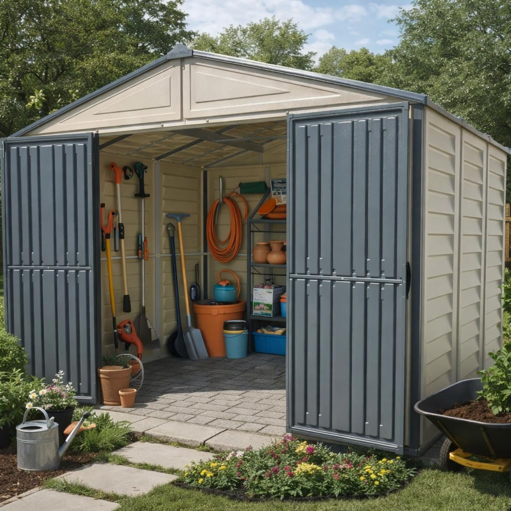 10.5 x 8 ft Outdoor Garden Storage Shed with Metal Foundation Kit, Steel-Reinforced Roof, Windows & Dual Ventilation