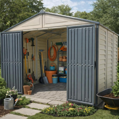 10.5 x 8 ft Outdoor Garden Storage Shed with Metal Foundation Kit, Steel-Reinforced Roof, Windows & Dual Ventilation