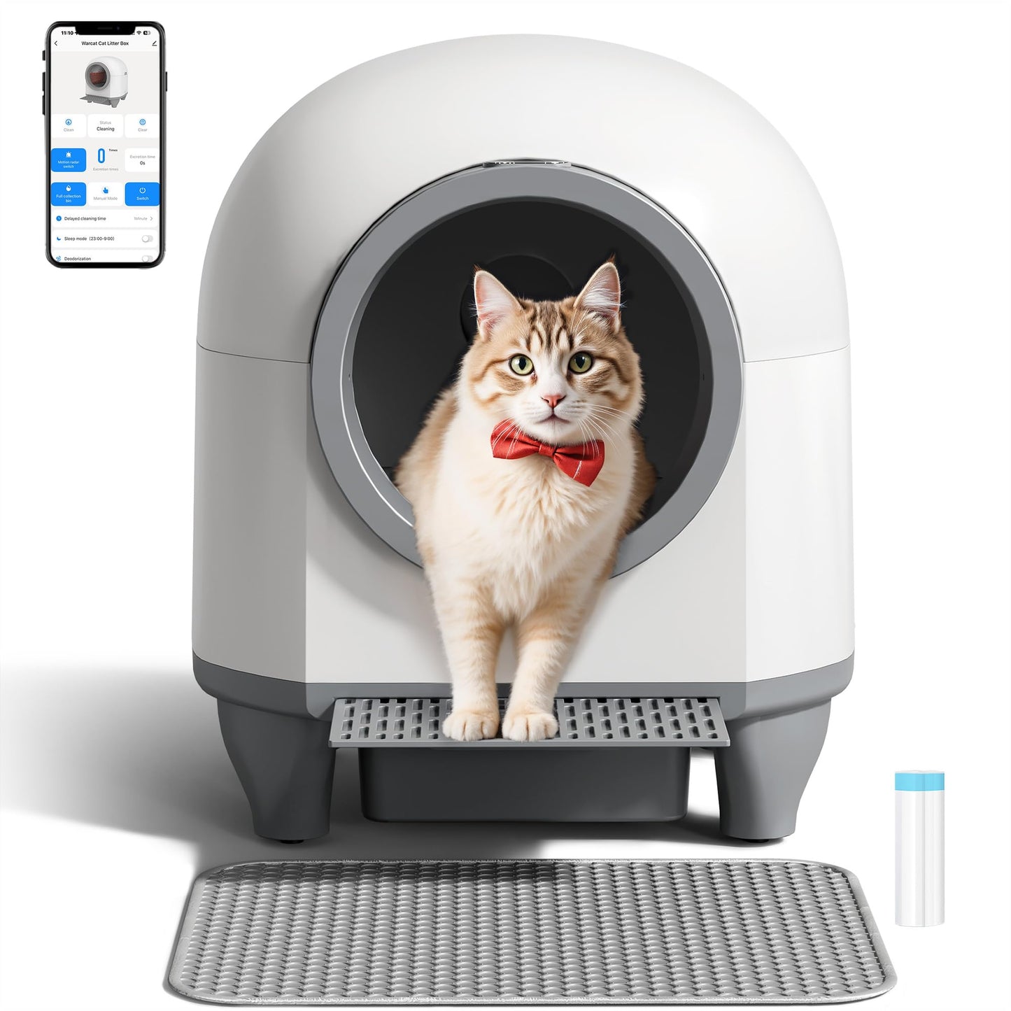 WARCAT Self Cleaning Litter Box Automatic, 90 L Automatic Cat Litter Box for Multiple Cats APP-Controlled with Smart Sensors, Safety Protection,Mat,1 Roll Garbage Bag (Brown)