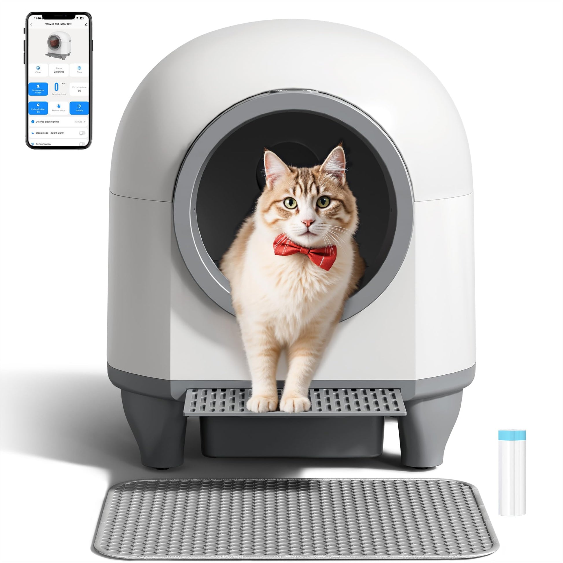 WARCAT Self Cleaning Litter Box Automatic, 90 L Automatic Cat Litter Box for Multiple Cats APP-Controlled with Smart Sensors, Safety Protection,Mat,1 Roll Garbage Bag (Brown)