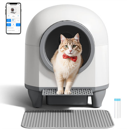 WARCAT Self Cleaning Litter Box Automatic, 90 L Automatic Cat Litter Box for Multiple Cats APP-Controlled with Smart Sensors, Safety Protection,Mat,1 Roll Garbage Bag (Brown)