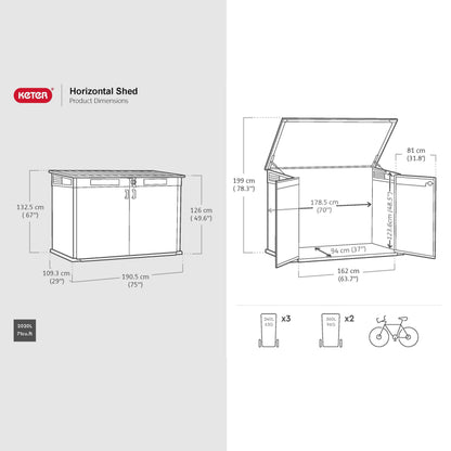 2020L Horizontal Outdoor Storage Shed with Wood-Effect Resin Construction, Lockable Doors, Hydraulic Lid & Easy Access Design