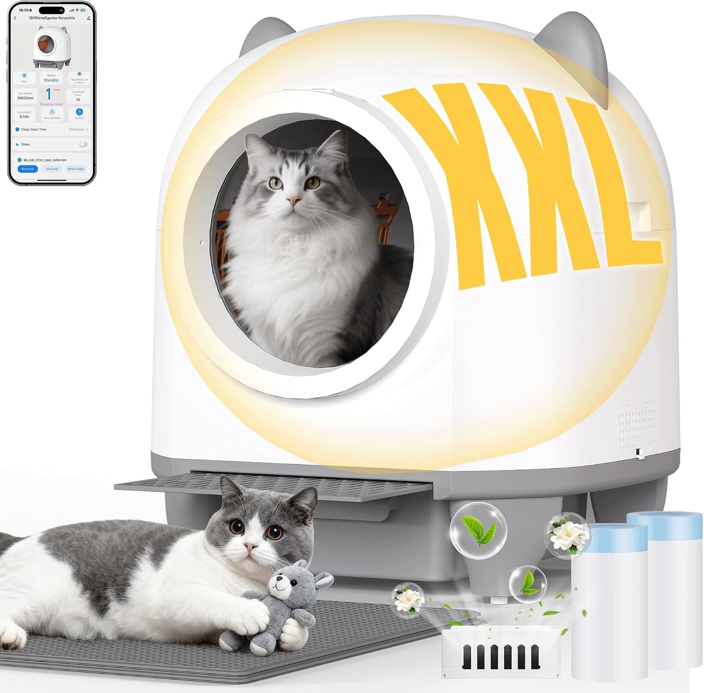 TRIUMPHKEY Automatic Cat Litter Tray, 90L Large Capacity Cat Litter Box with Anti-Pinch Safety,APP-Controlled Includes Scoop, Fragrance Box & Waste Bags, Enclosed for Odor Control, Easy to Clean