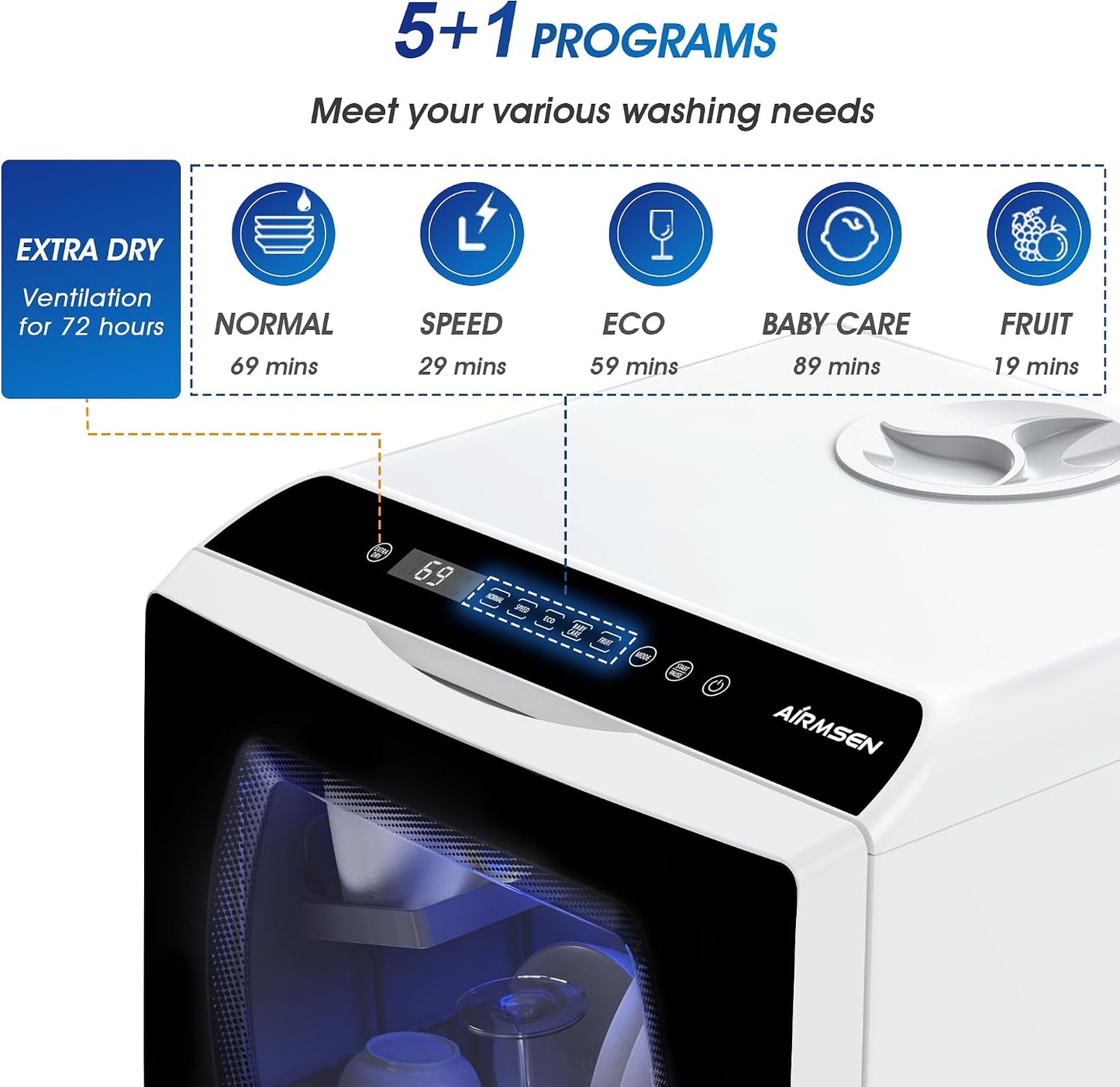 AIRMSEN Mini Table Top Dishwasher - Upgraded 6 Programs Portable Countertop Dishwasher No Plumbing with 2 Water Supply Modes for Kitchen Apartment Outdoor - with Baby Care Mode