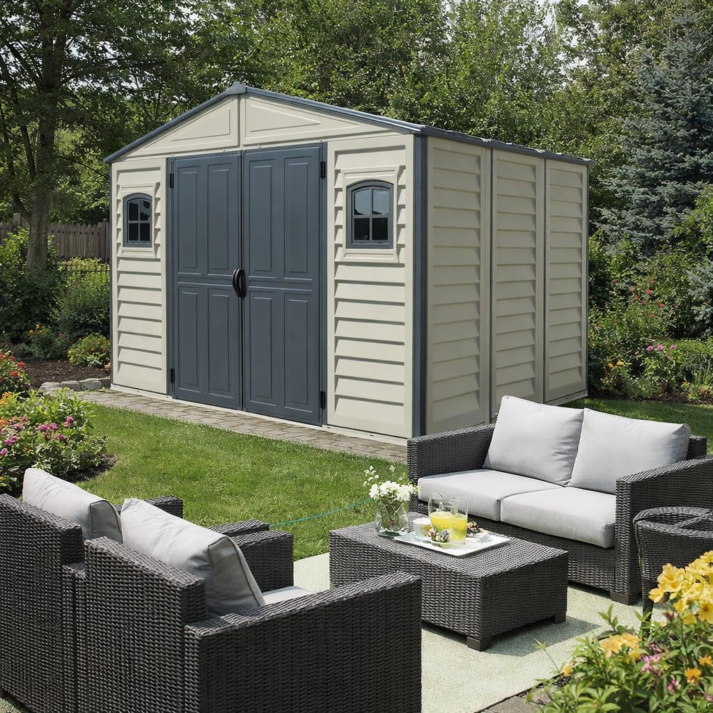 10.5 x 8 ft Outdoor Garden Storage Shed with Metal Foundation Kit, Steel-Reinforced Roof, Windows & Dual Ventilation