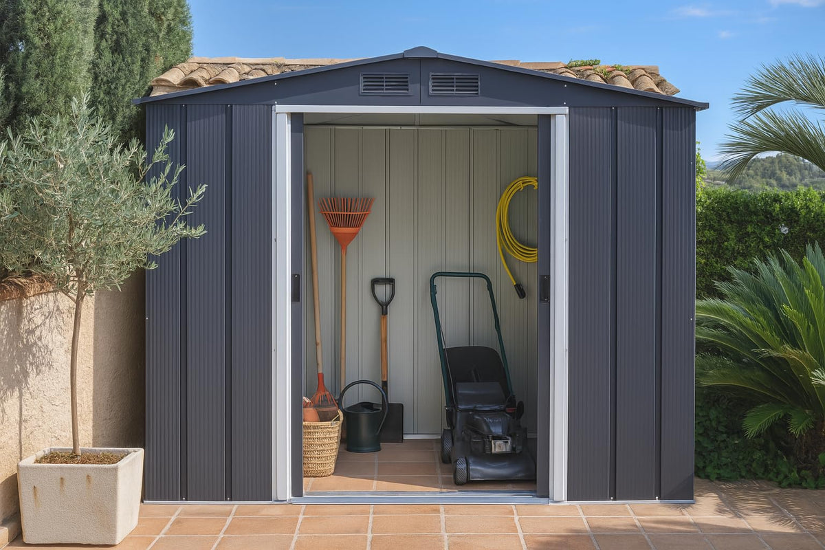 8 x 8 ft Outdoor Metal Garden Storage Shed with Galvanized Steel Construction, Reinforced Roof, Sliding Doors & Ventilation