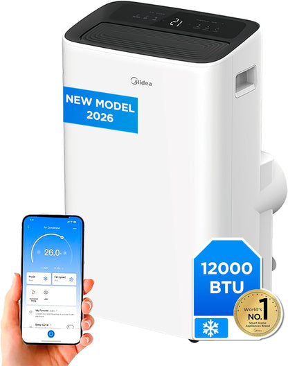 MIDEA Silent Mobile Air Conditioner 12000 BTU with Evacuation | 4 in 1: Air Conditioning, Ventilation, Dehumidification, Sleep | Portable Air Conditioner with App Control & Remote Control | Window Kit Included