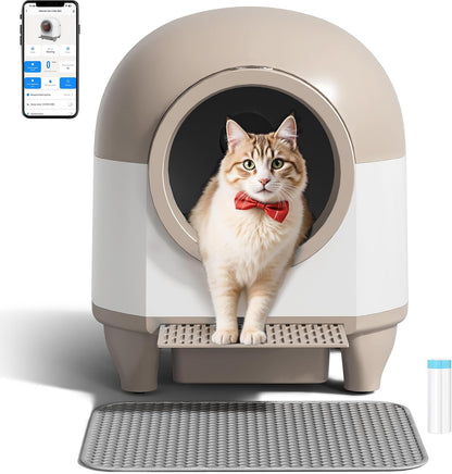 WARCAT Self Cleaning Litter Box Automatic, 90 L Automatic Cat Litter Box for Multiple Cats APP-Controlled with Smart Sensors, Safety Protection,Mat,1 Roll Garbage Bag (Brown)
