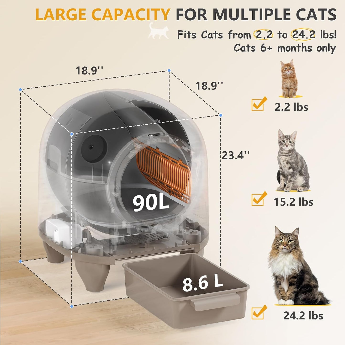 WARCAT Self Cleaning Litter Box Automatic, 90 L Automatic Cat Litter Box for Multiple Cats APP-Controlled with Smart Sensors, Safety Protection,Mat,1 Roll Garbage Bag (Brown)