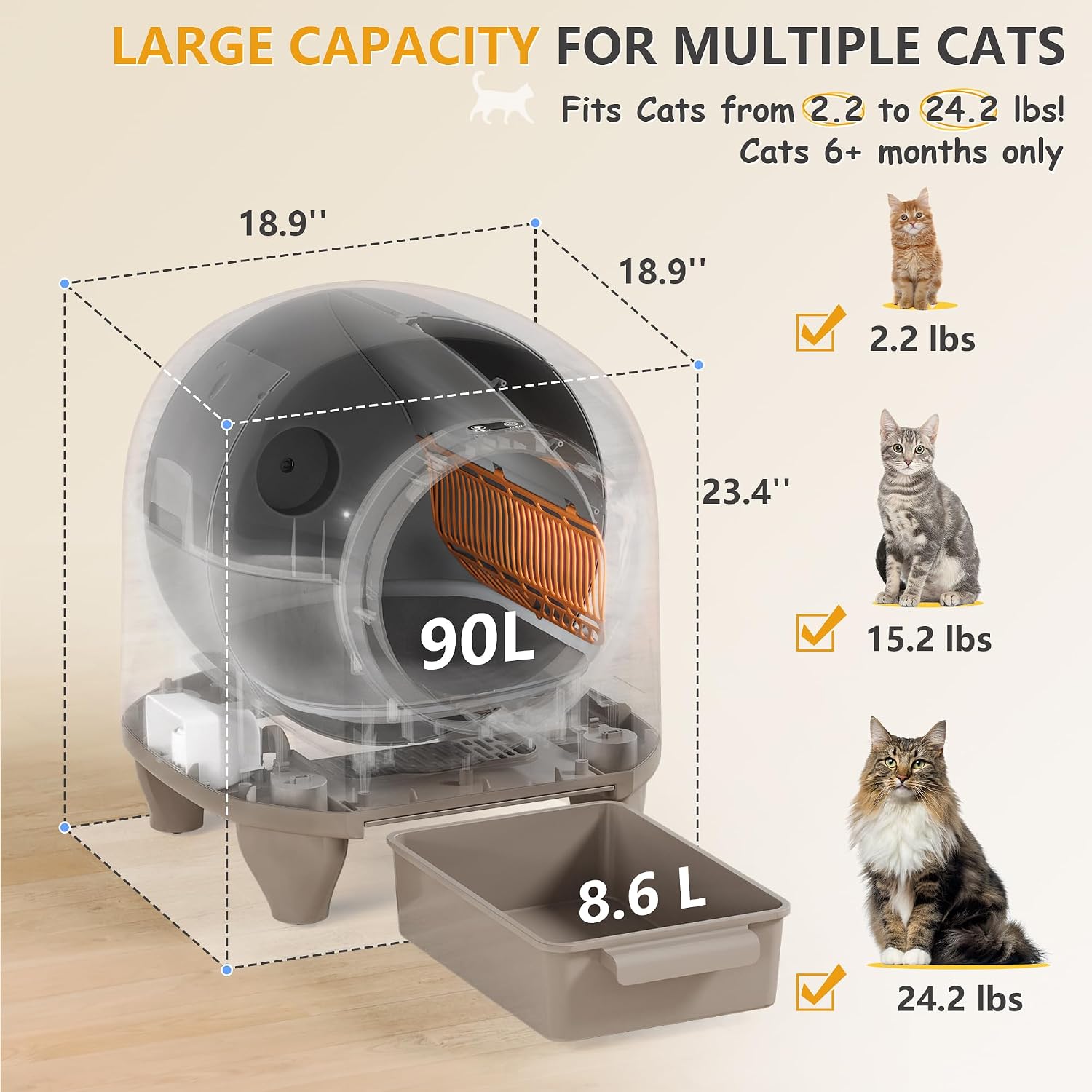 WARCAT Self Cleaning Litter Box Automatic, 90 L Automatic Cat Litter Box for Multiple Cats APP-Controlled with Smart Sensors, Safety Protection,Mat,1 Roll Garbage Bag (Brown)