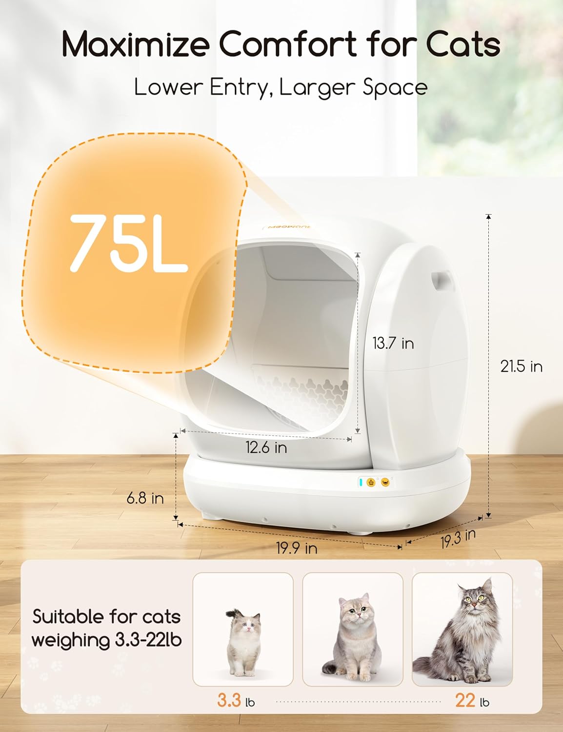 MeoWant Self-Cleaning Cat Litter Box for Multi Cats - 75L Extra Large Open Automatic Cat Box with Mat & Liner, Smart Odor Removal and APP Control