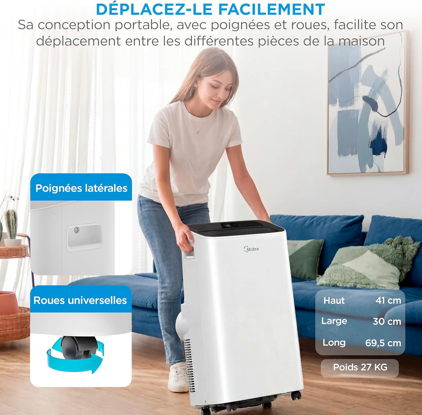 MIDEA 9000 BTU Silent Mobile Air Conditioner with Evacuation | 4 in 1: Air Conditioning, Ventilation, Dehumidification, Sleep | Portable Air Conditioner with App Control & Remote Control | Window Kit Included