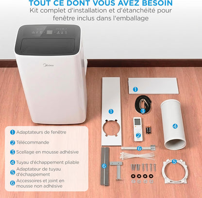 MIDEA 9000 BTU Silent Mobile Air Conditioner with Evacuation | 4 in 1: Air Conditioning, Ventilation, Dehumidification, Sleep | Portable Air Conditioner with App Control & Remote Control | Window Kit Included