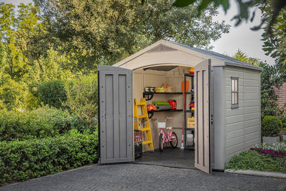 8 x 8 ft Outdoor Garden Storage Shed with Double Doors, Heavy-Duty Floor, Skylight & Weather-Resistant Resin Construction