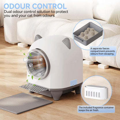 TRIUMPHKEY Automatic Cat Litter Tray, 90L Large Capacity Cat Litter Box with Anti-Pinch Safety,APP-Controlled Includes Scoop, Fragrance Box & Waste Bags, Enclosed for Odor Control, Easy to Clean