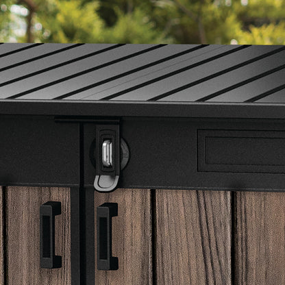2020L Horizontal Outdoor Storage Shed with Wood-Effect Resin Construction, Lockable Doors, Hydraulic Lid & Easy Access Design