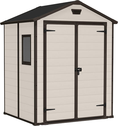 Keter, Manor Apex 6 x 5 ft Outdoor Garden Storage Shed, elegant wood-effect double door design for easy access, durable fade-free resin with window and floor panel for secure storage, Beige and Brown
