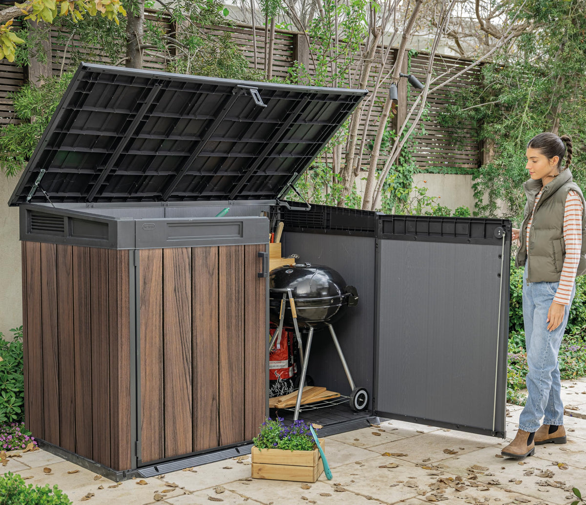 2020L Horizontal Outdoor Storage Shed with Wood-Effect Resin Construction, Lockable Doors, Hydraulic Lid & Easy Access Design