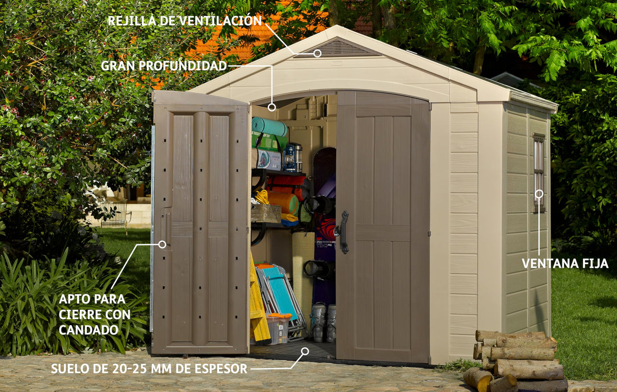 8 x 8 ft Outdoor Garden Storage Shed with Double Doors, Heavy-Duty Floor, Skylight & Weather-Resistant Resin Construction