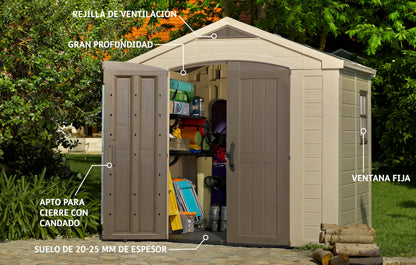 8 x 8 ft Outdoor Garden Storage Shed with Double Doors, Heavy-Duty Floor, Skylight & Weather-Resistant Resin Construction
