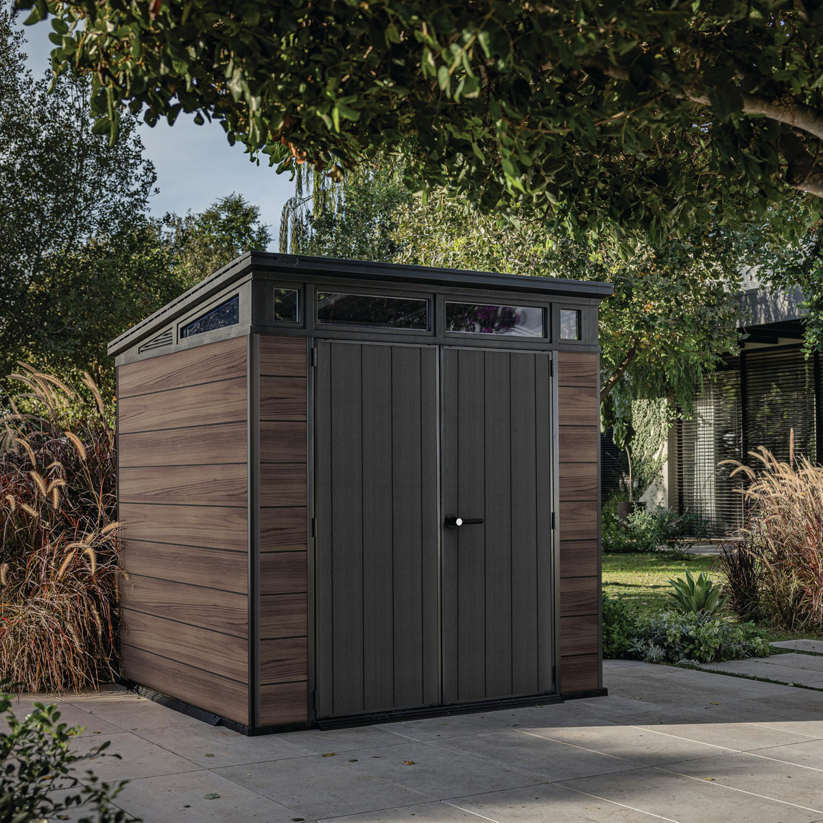 7 x 7 ft Outdoor Garden Storage Shed with Steel-Reinforced Roof, Lockable Double Doors & Weather-Resistant Composite Construction