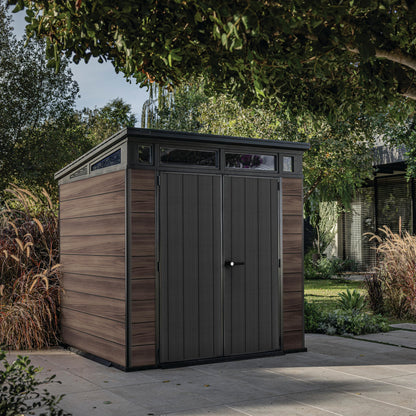 7 x 7 ft Outdoor Garden Storage Shed with Steel-Reinforced Roof, Lockable Double Doors & Weather-Resistant Composite Construction