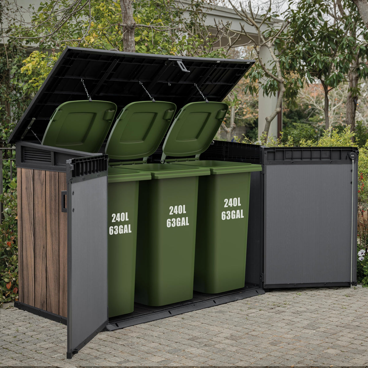 2020L Horizontal Outdoor Storage Shed with Wood-Effect Resin Construction, Lockable Doors, Hydraulic Lid & Easy Access Design