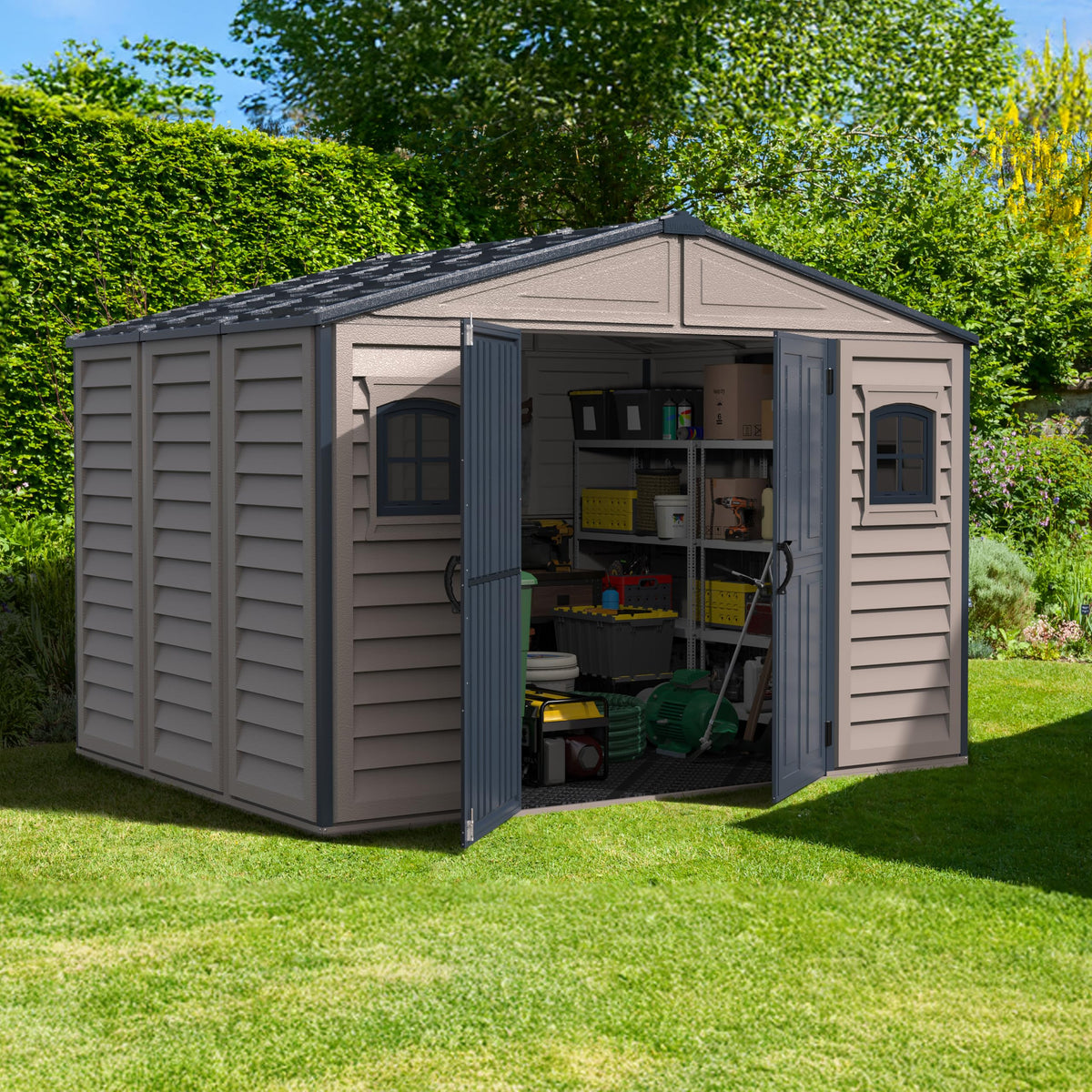 10.5 x 8 ft Outdoor Garden Storage Shed with Metal Foundation Kit, Steel-Reinforced Roof, Windows & Dual Ventilation