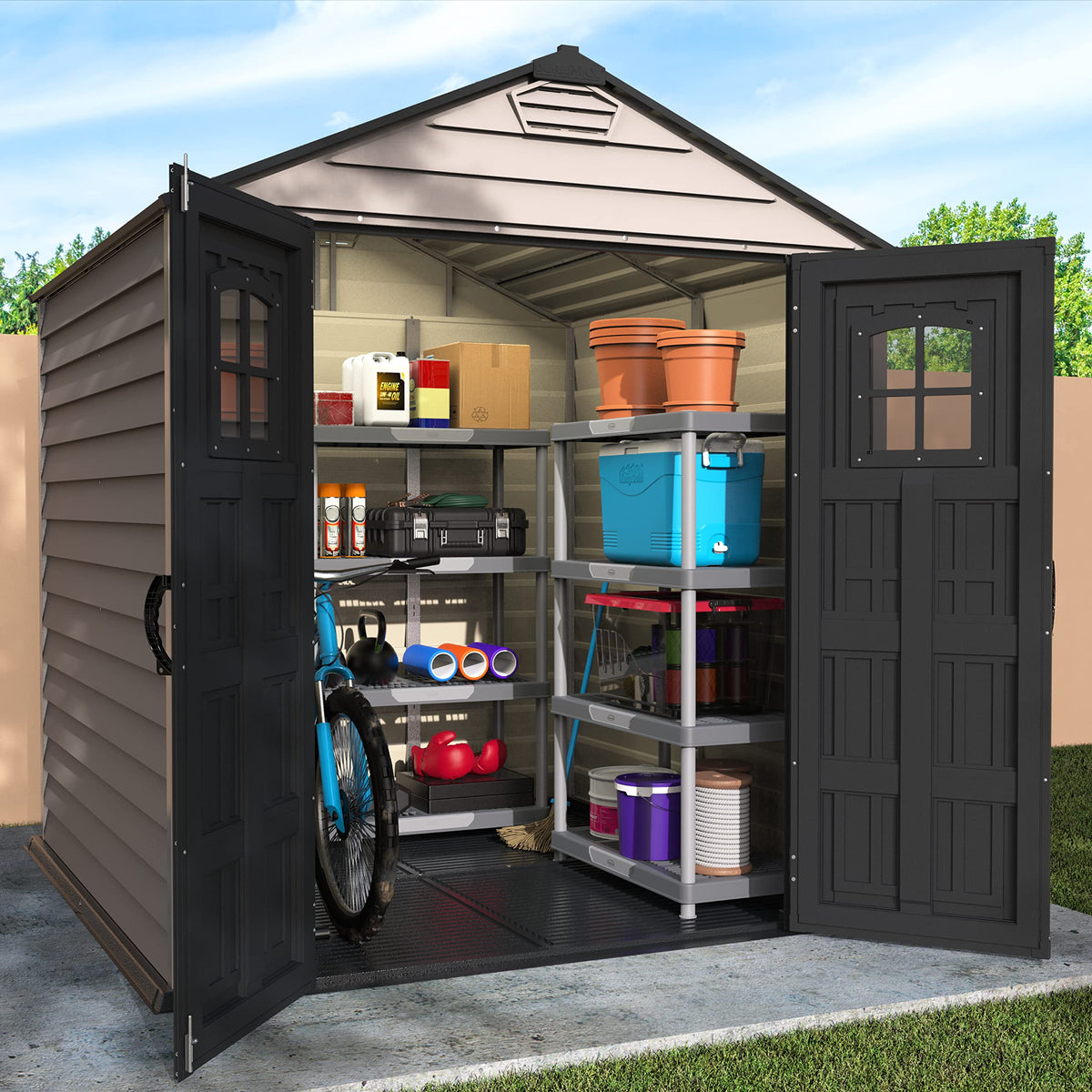 7 x 7 ft Plastic Garden Storage Shed with Heavy-Duty Floor, Fixed Door Windows & Steel-Reinforced Roof Structure