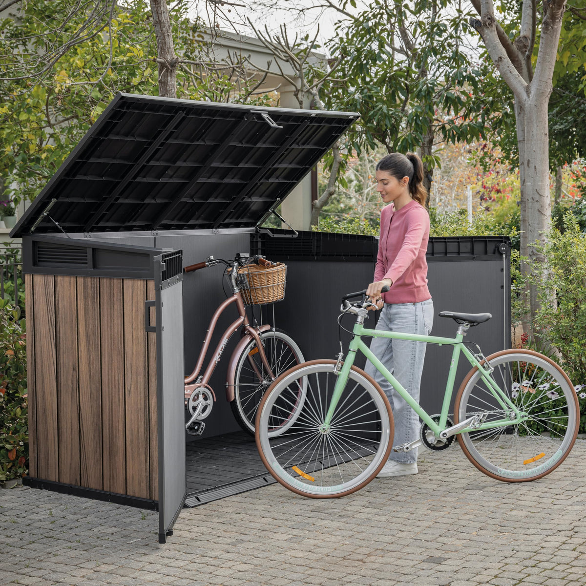2020L Horizontal Outdoor Storage Shed with Wood-Effect Resin Construction, Lockable Doors, Hydraulic Lid & Easy Access Design