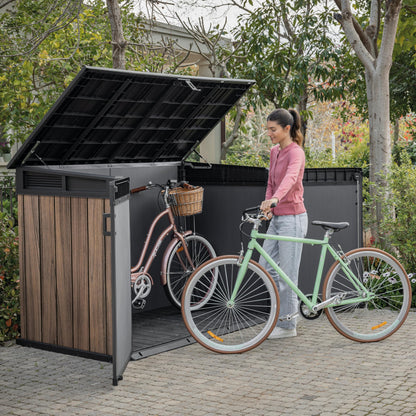 2020L Horizontal Outdoor Storage Shed with Wood-Effect Resin Construction, Lockable Doors, Hydraulic Lid & Easy Access Design