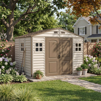 10 x 8 ft Outdoor Garden Storage Shed with Metal Foundation Kit, Steel-Reinforced Roof, Windows & Ventilation System