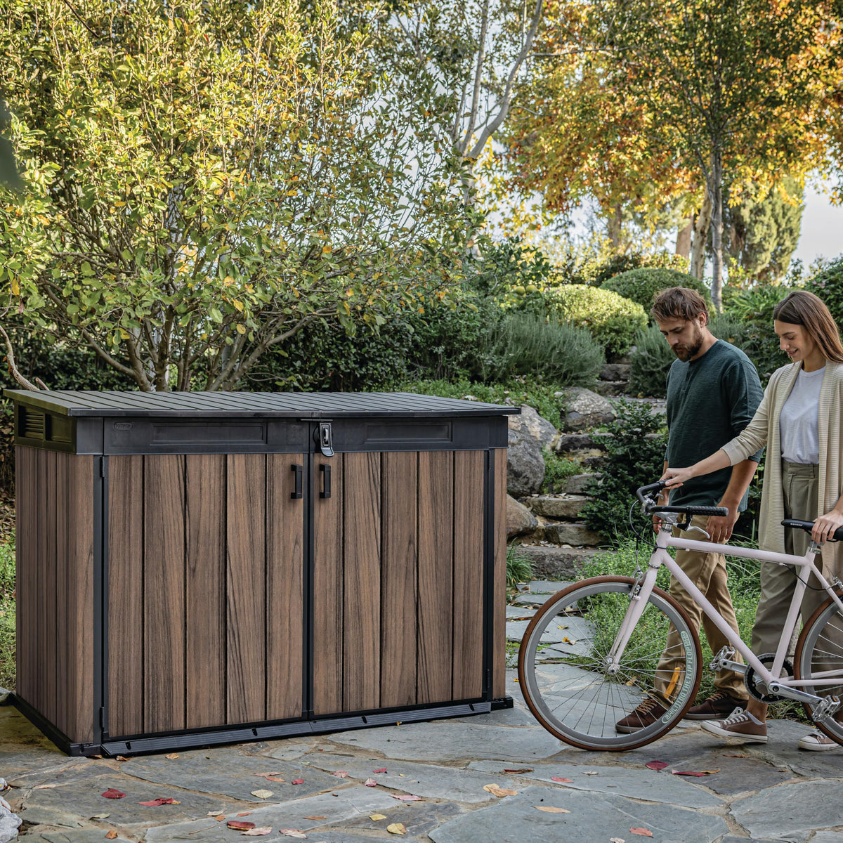 2020L Horizontal Outdoor Storage Shed with Wood-Effect Resin Construction, Lockable Doors, Hydraulic Lid & Easy Access Design