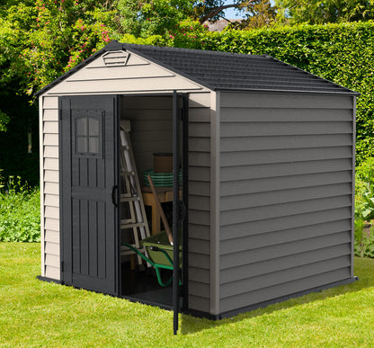 7 x 7 ft Plastic Garden Storage Shed with Heavy-Duty Floor, Fixed Door Windows & Steel-Reinforced Roof Structure